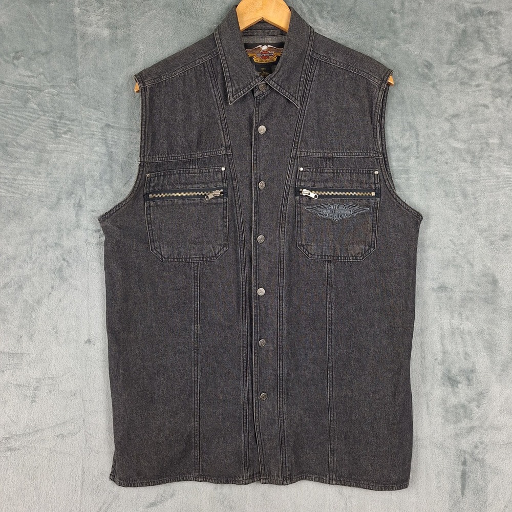 Vintage Harley Davidson Vest Mens Large 90s Denim Biker Grunge Motorcycle Black